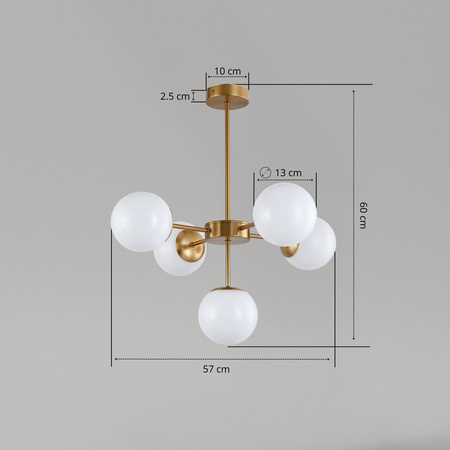 Lampa sufitowa złota metalowa z 5 mlecznymi kloszami ozdobna E27