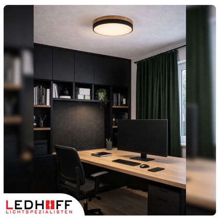 Lampa sufitowa LED Plafon 40cm z drewnem CZARNA Okrągła 40W naturalna 4000K