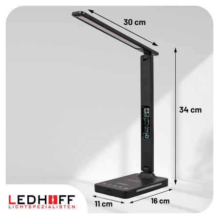 Lampka biurkowa LED czarna 8W + budzik kalendarz ekran LCD + ładowarka indukcyjna