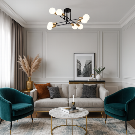 Lampa sufitowa czarno-złota metalowa E27 ozdobna 8-punktowa