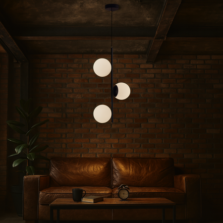 Lampa sufitowa czarna metalowa z 3 mlecznymi kloszami ozdobna E27 pionowa