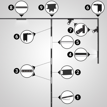 Oświetlenie szynowe magnetyczna ZESTAW 2x listwa 1m + 5x reflektor LED CZARNY