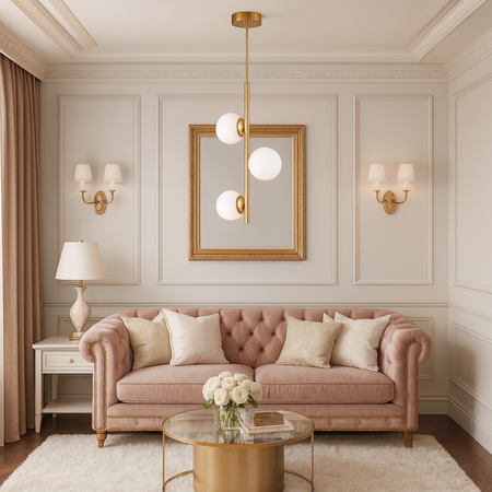 Lampa sufitowa złota metalowa z 3 mlecznymi kloszami ozdobna E27 pionowa