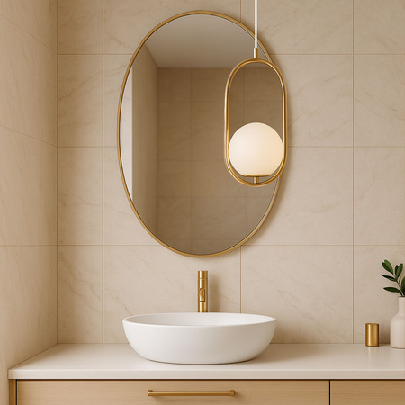 Lampa sufitowa złota metalowa z mlecznym kloszem ozdobna szklana kula E27 w owalnej ramie