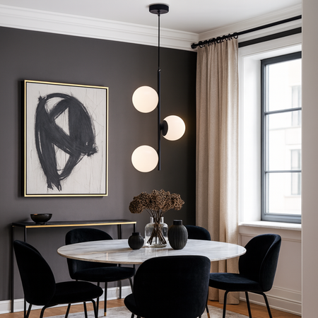 Lampa sufitowa czarna metalowa z 3 mlecznymi kloszami ozdobna E27 pionowa