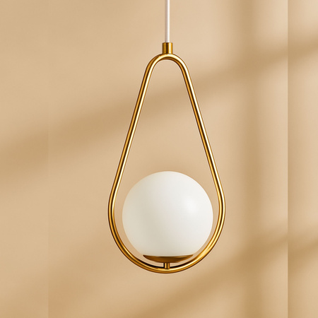 Lampa sufitowa złota metalowa z mlecznym kloszem ozdobna szklana kula E27 rama kropla