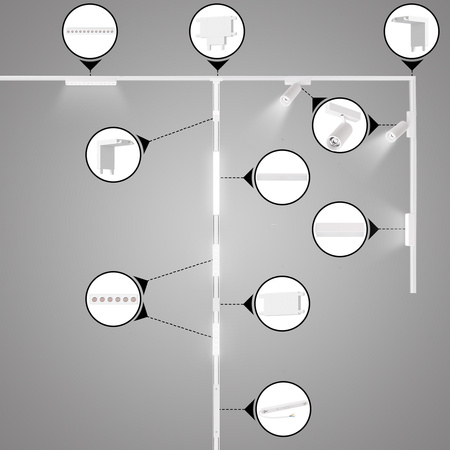 Oświetlenie szynowe magnetyczne 2x SZYNA 1m + 5x lampa LED łącznik PIONOWY
