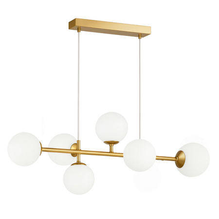 Lampa sufitowa złota metalowa z 6 mlecznymi kloszami ozdobna E27 listwa