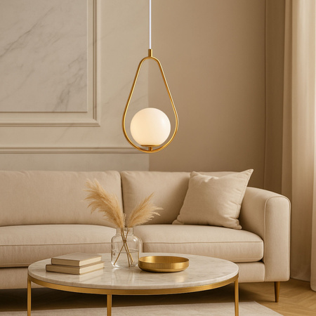 Lampa sufitowa złota metalowa z mlecznym kloszem ozdobna szklana kula E27 rama kropla