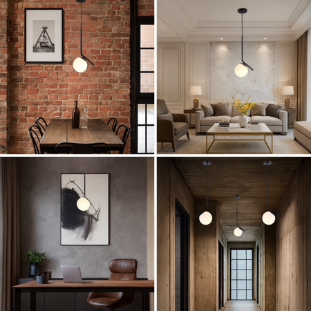 Lampa sufitowa czarna metalowa z mlecznym kloszem ozdobna szklana kula E27 design