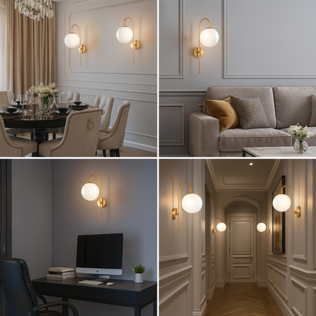 Lampa ścienna złota metalowa z mlecznym kloszem ozdobna szklana kula E27 kinkiet