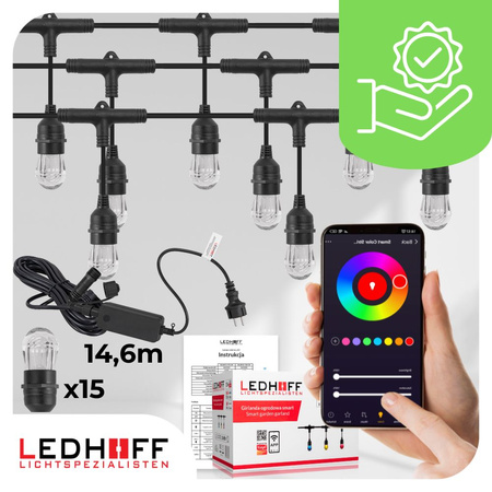 Girlanda ogrodowa świetlna SMART 14,6m + 15x żarówka LED RGB TUYA