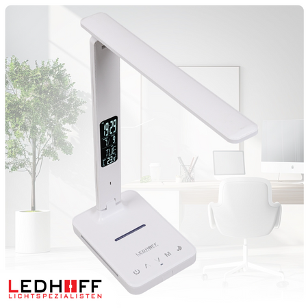 Lampka biurkowa LED biała 8W + budzik kalendarz ekran LCD + ładowarka indukcyjna