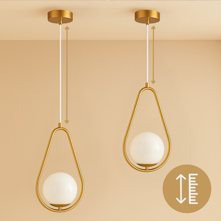 Lampa sufitowa złota metalowa z mlecznym kloszem ozdobna szklana kula E27 rama kropla