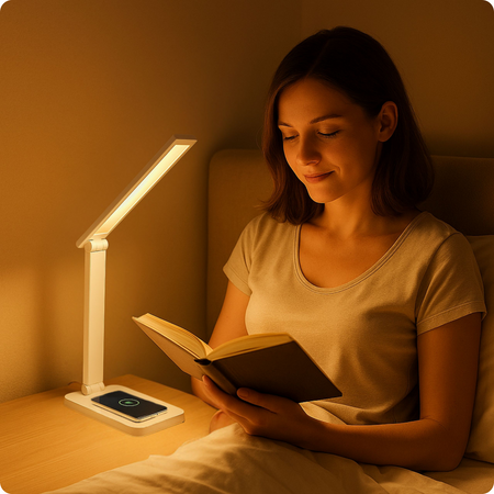 Lampka biurkowa LED biała 6W z ładowarką indukcyjną i portem USB