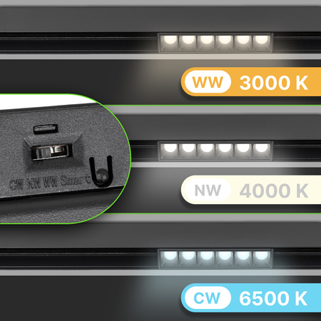 ZESTAW M20 4x Lampa soczewkowa punktowa LED 6W 11cm czarna 3 BARWY ŚWIATŁA + szyna magnetyczna 1m