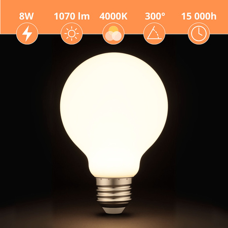 Żarówka LED E27 ozdobna duży mleczny klosz 8W mocne neutralne światło 1070lm 4000K