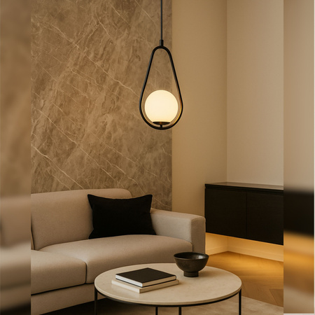 Lampa sufitowa czarna metalowa z mlecznym kloszem ozdobna szklana kula E27 rama kropla