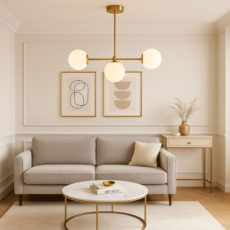 Lampa sufitowa złota metalowa z 3 mlecznymi kloszami ozdobna E27