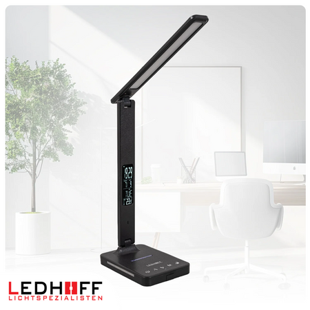 Lampka biurkowa LED czarna 8W + budzik kalendarz ekran LCD + ładowarka indukcyjna