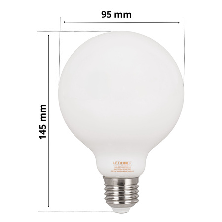 Żarówka LED E27 ozdobna duży mleczny klosz 8W mocne ciepłe światło 1070lm 2700K