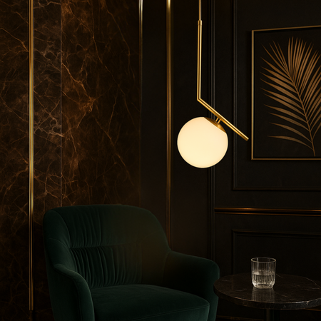 Lampa sufitowa złota metalowa z mlecznym kloszem ozdobna szklana kula E27 design