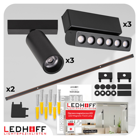 Oświetlenie szynowe magnetyczne ZESTAW 2x listwa 1m + 6x lampa LED CZARNA