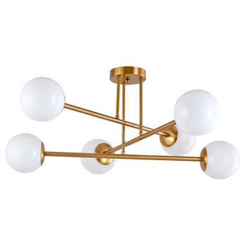 Lampa sufitowa złota metalowa z 6 mlecznymi kloszami ozdobna E27