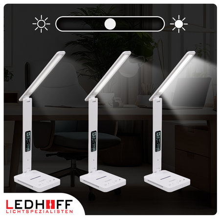 Lampka biurkowa LED biała 8W + budzik kalendarz ekran LCD + ładowarka indukcyjna
