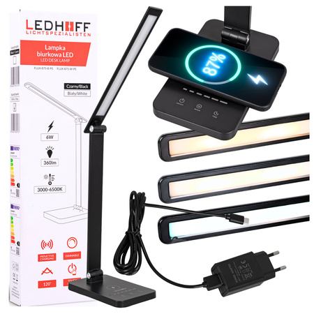 Lampka biurkowa LED czarna 6W z ładowarką indukcyjną i portem USB