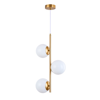 Lampa sufitowa złota metalowa z 3 mlecznymi kloszami ozdobna E27 pionowa