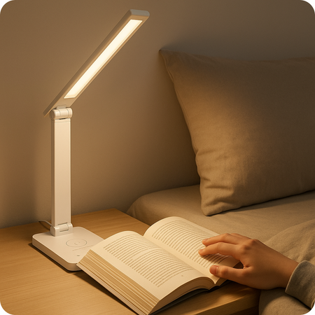 Lampka biurkowa LED biała 6W z ładowarką indukcyjną i portem USB