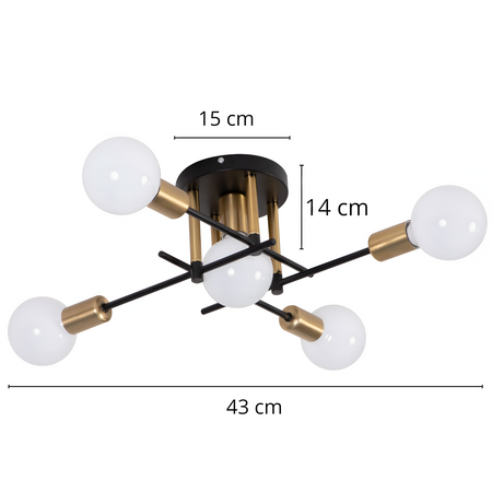 Lampa sufitowa czarna złota metalowa z 5 punktami światła ozdobna E27