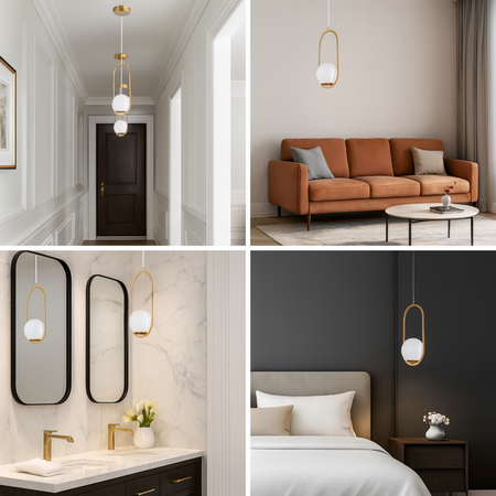 Lampa sufitowa złota metalowa z mlecznym kloszem ozdobna szklana kula E27 w owalnej ramie