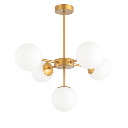 Lampa sufitowa złota metalowa z 5 mlecznymi kloszami ozdobna E27
