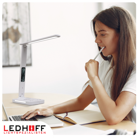 Lampka biurkowa LED biała 8W + budzik kalendarz ekran LCD + ładowarka indukcyjna