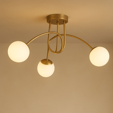 Lampa sufitowa złota metalowa z 3 mlecznymi kloszami ozdobna E27 design