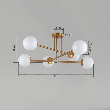 Lampa sufitowa złota metalowa z 6 mlecznymi kloszami ozdobna E27