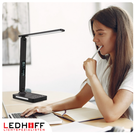 Lampka biurkowa LED czarna 8W + budzik kalendarz ekran LCD + ładowarka indukcyjna