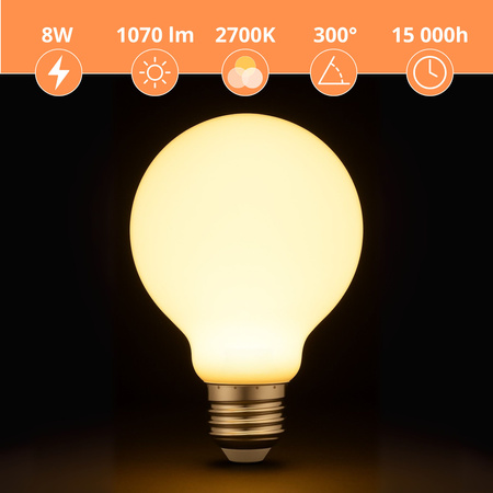 Żarówka LED E27 ozdobna duży mleczny klosz 8W mocne ciepłe światło 1070lm 2700K