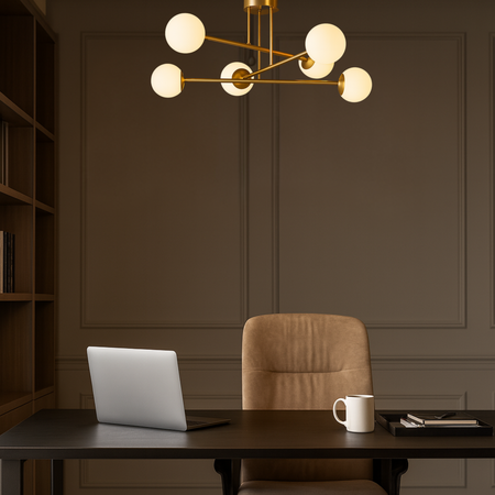 Lampa sufitowa złota metalowa z 6 mlecznymi kloszami ozdobna E27