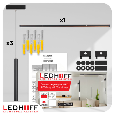 Oświetlenie szynowe magnetyczne ZESTAW listwa 1m + 3x lampa wisząca TUBA LED czarna