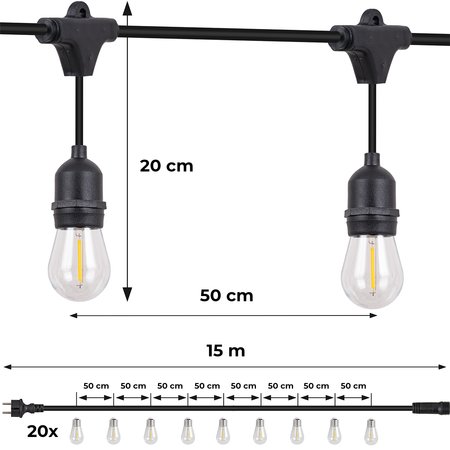 Girlanda ogrodowa łańcuch świetlny 15m + 20x żarówka LED Lampki do ogrodu