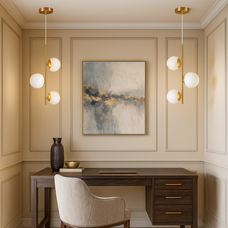 Lampa sufitowa złota metalowa z 3 mlecznymi kloszami ozdobna E27 pionowa