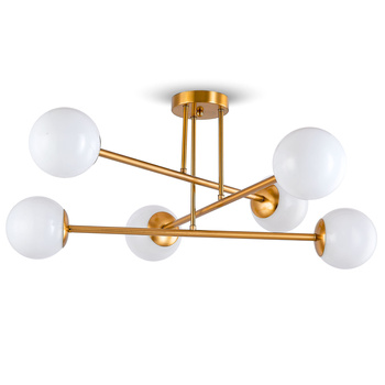 Lampa sufitowa złota metalowa z 6 mlecznymi kloszami ozdobna E27