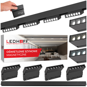 ZESTAW M20 4x Ruchoma lampa soczewkowa punktowa LED 6W 11cm czarna 3 BARWY ŚWIATŁA + szyna magnetyczna 1m