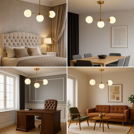 Lampa sufitowa złota metalowa z 3 mlecznymi kloszami ozdobna E27