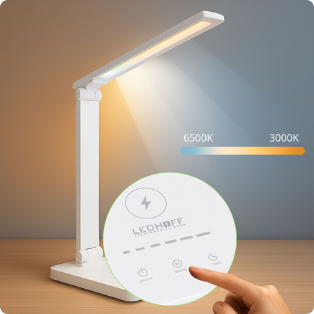 Lampka biurkowa LED biała 6W z ładowarką indukcyjną i portem USB
