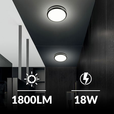 Plafon sufitowy LED okrągły czarny 3 barwy światła zmienna moc 22cm IP54 z czujnikiem ruchu