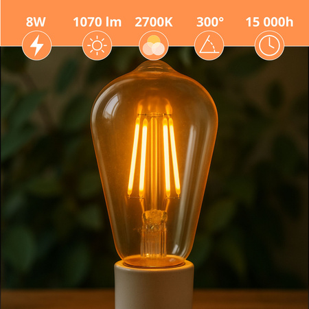 Żarówka LED E27 filamentowa ozdobna 8W mocne ciepłe światło 1070lm 2700K